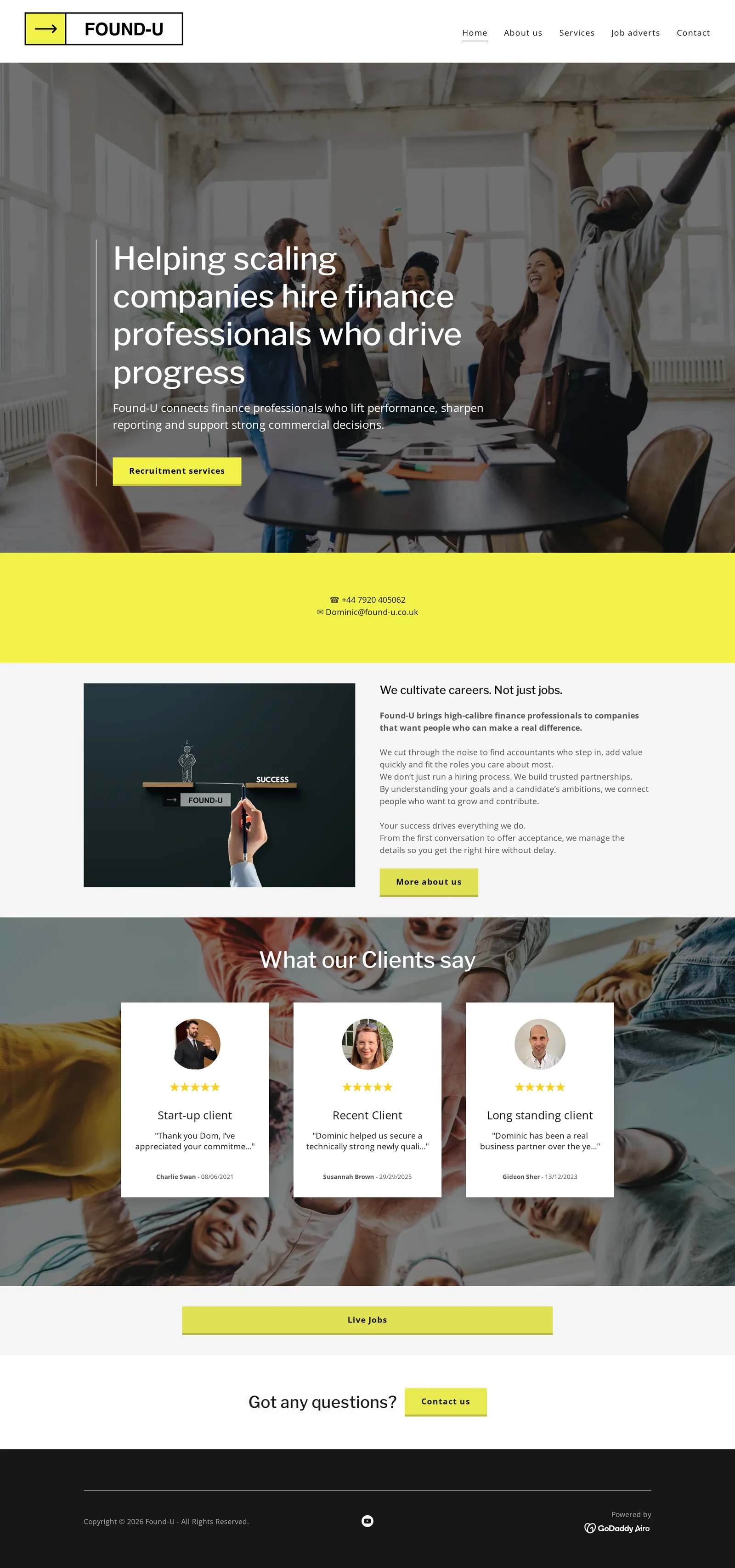 Found-U homepage before the rebuild: stock office photography with generic recruitment messaging