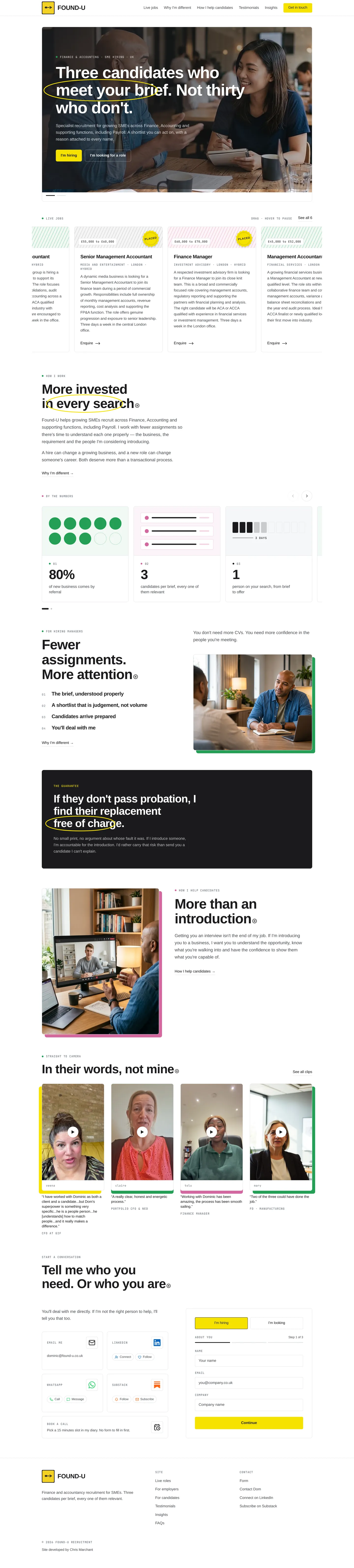 Found-U homepage after the rebuild: editorial headline over real photography with hiring and candidate routes