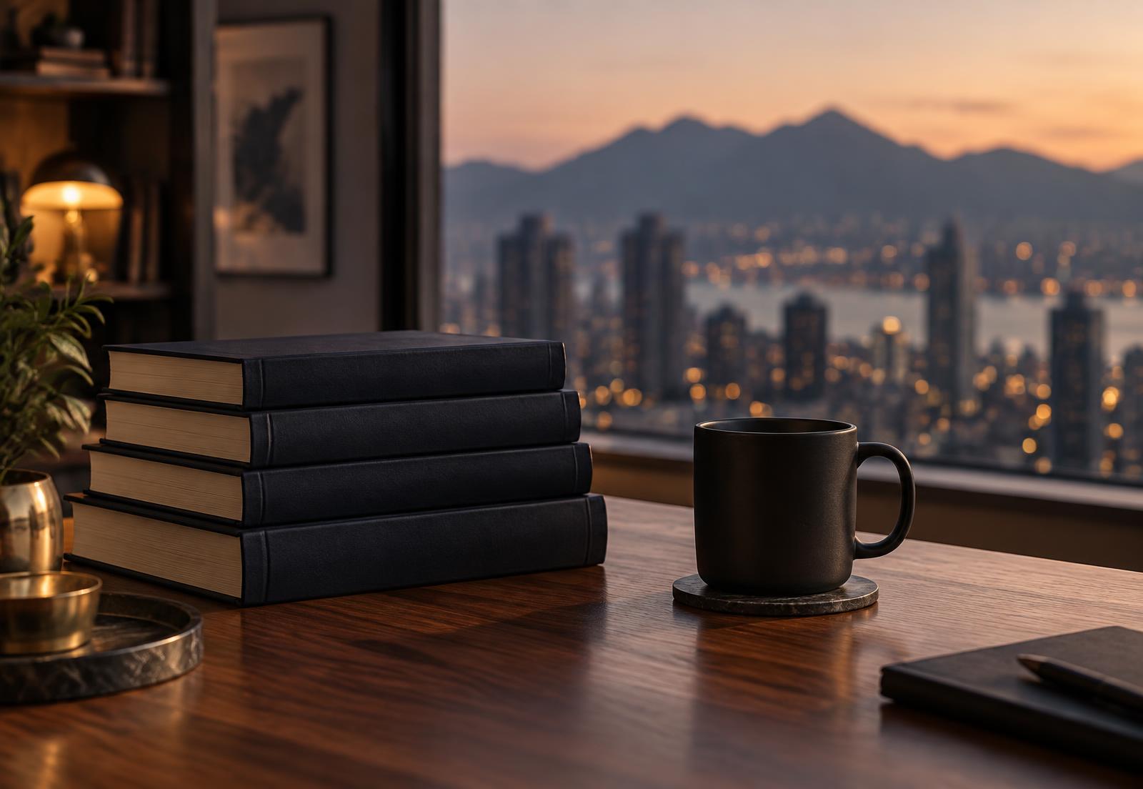 A stack of dark books and a cup on a desk beside an evening city view